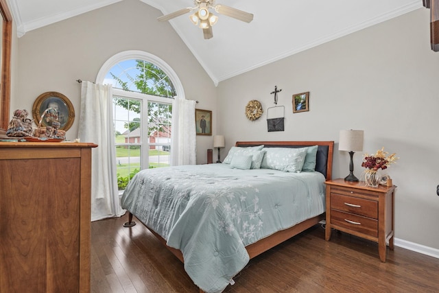  - bedroom with dark wood-style floors, crown molding, baseboards, ceiling fan, and high vaulted ceiling