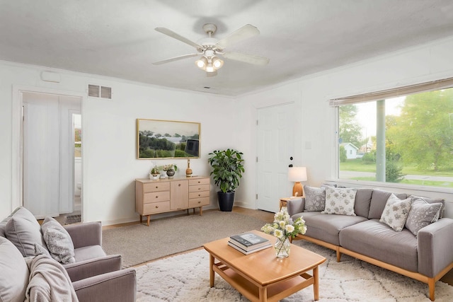  - living area with crown molding, ceiling fan, and visible vents