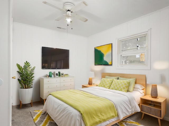  - carpeted bedroom featuring visible vents and ceiling fan