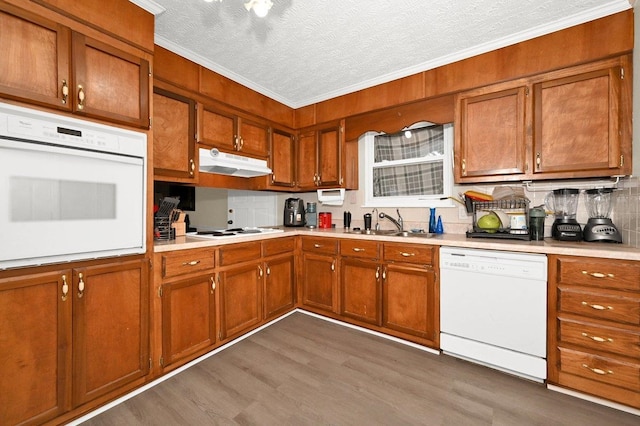 kitchen with sink, dark hardwood / wood-style floors, a textured ceiling, white appliances, and ornamental molding