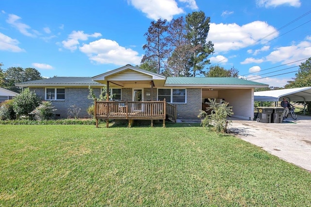 ranch-style home with covered porch and a front lawn