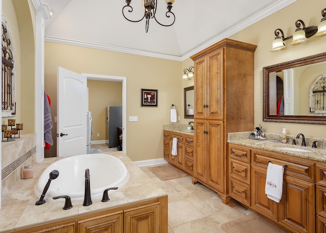 bathroom featuring crown molding, vanity, lofted ceiling, and a notable chandelier