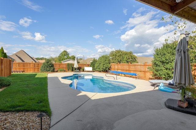 view of swimming pool featuring a patio area and a yard