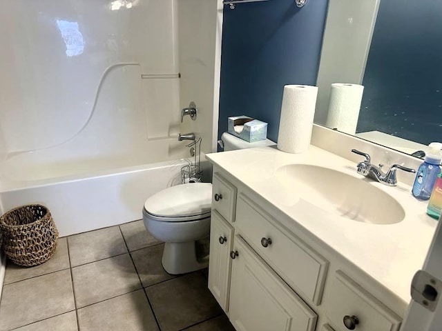 full bathroom with tile patterned flooring, vanity, shower / tub combination, and toilet