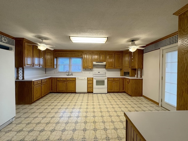 kitchen with a textured ceiling, white appliances, and sink