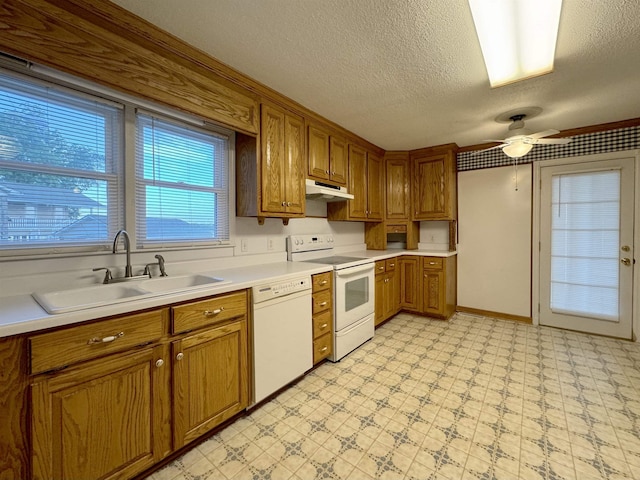 kitchen featuring a textured ceiling, ceiling fan, sink, and white appliances