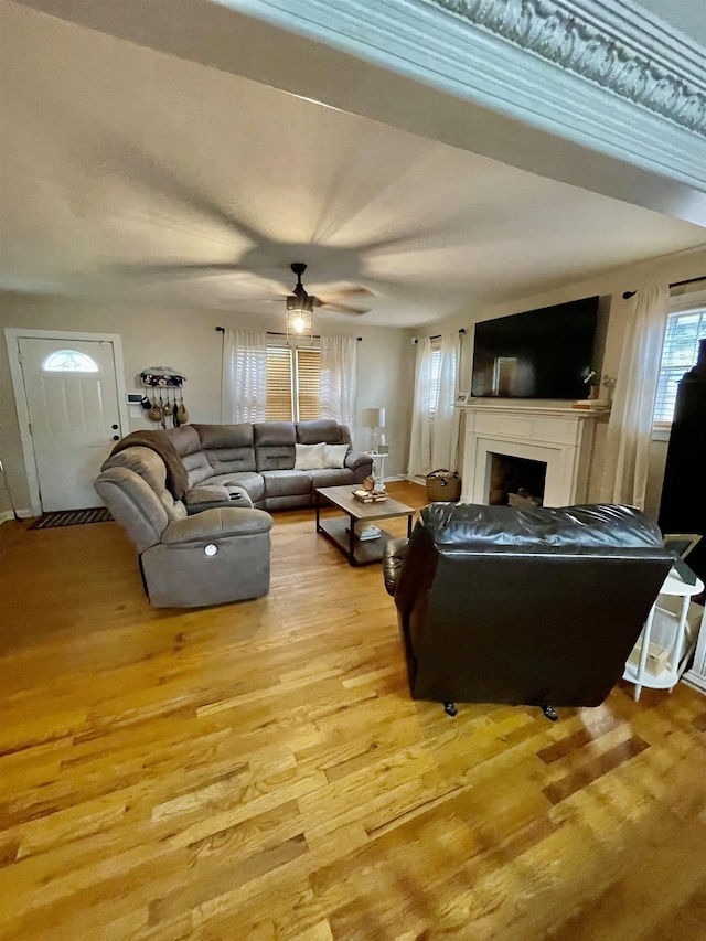 living room with a fireplace, light wood-style flooring, and ceiling fan