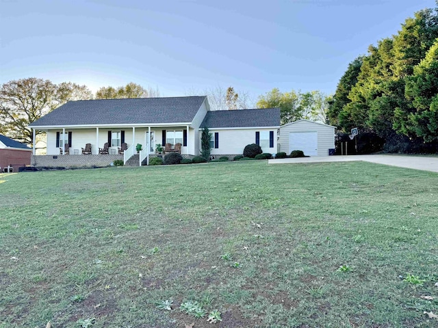 ranch-style house with an outdoor structure, a front lawn, a porch, and a garage