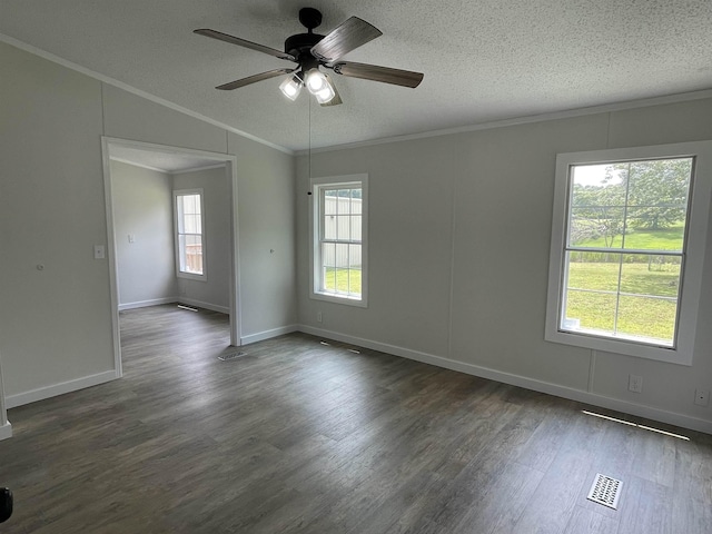 spare room with a textured ceiling, lofted ceiling, ceiling fan, and ornamental molding