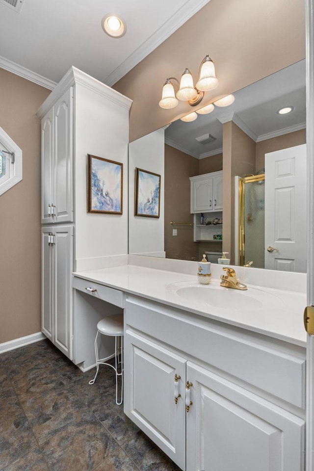  - full bathroom featuring a stall shower, vanity, ornamental molding, recessed lighting, and baseboards