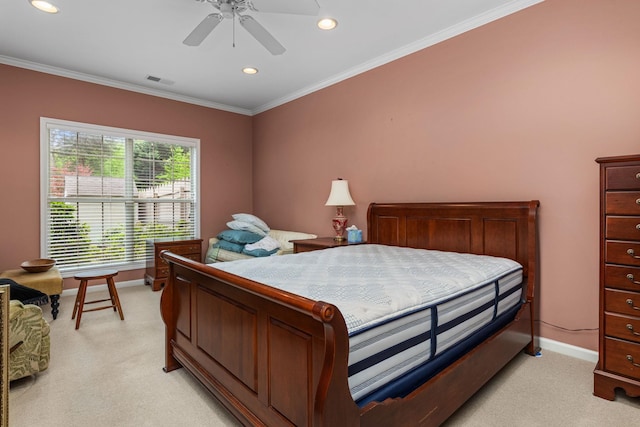  - bedroom with light carpet, baseboards, recessed lighting, ornamental molding, and ceiling fan