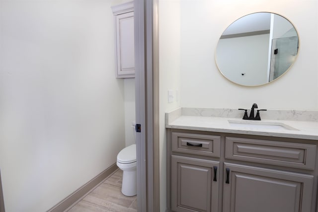 bathroom with wood-type flooring, vanity, and toilet