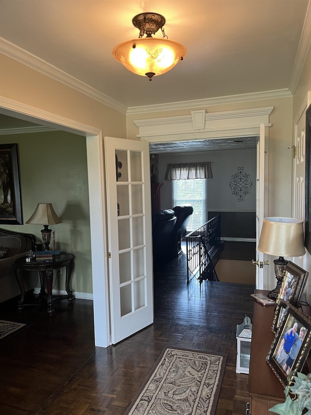  - corridor featuring crown molding and baseboards