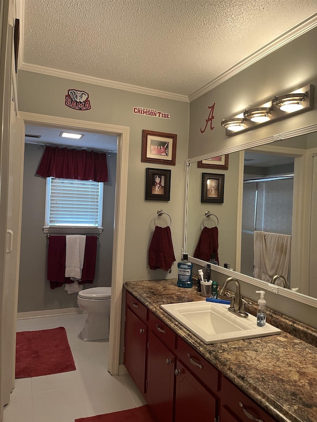  - full bath with a textured ceiling, vanity, ornamental molding, toilet, and an enclosed shower