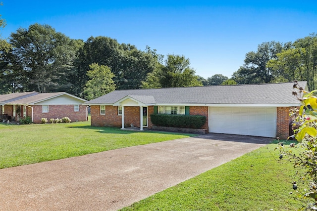 single story home with a garage and a front yard