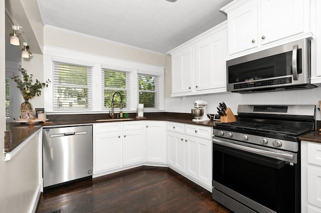  - kitchen with crown molding, dark countertops, dark wood-style floors, a sink, and stainless steel appliances