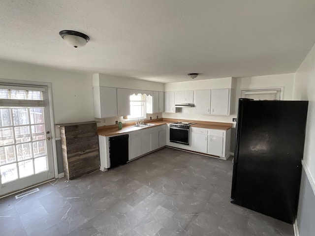 kitchen with white cabinetry, sink, and black appliances