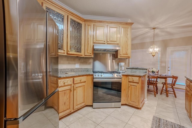 kitchen featuring light stone countertops, a notable chandelier, decorative light fixtures, light tile patterned floors, and appliances with stainless steel finishes