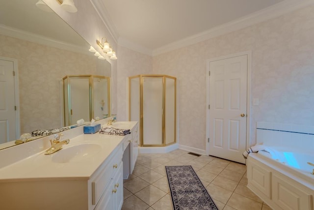 bathroom with tile patterned floors, vanity, separate shower and tub, and crown molding