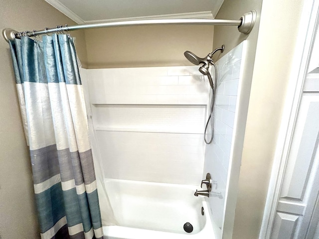 full bathroom featuring shower / tub combo with curtain and crown molding