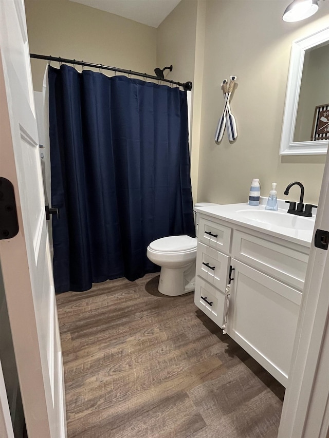 bathroom with vanity, toilet, and hardwood / wood-style floors