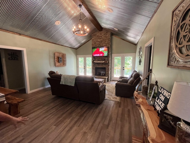 living room featuring wood ceiling, an inviting chandelier, high vaulted ceiling, dark hardwood / wood-style floors, and a fireplace