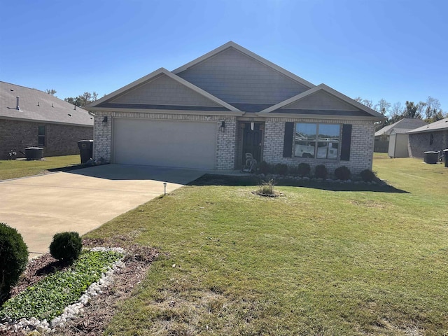 single story home featuring a front yard and a garage