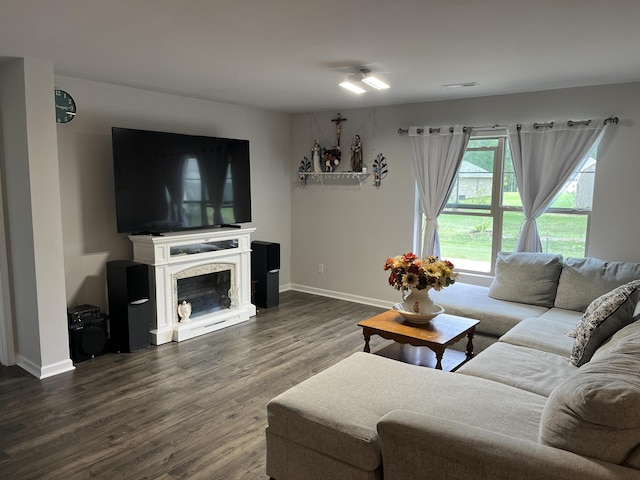 living room featuring dark wood-type flooring and a premium fireplace