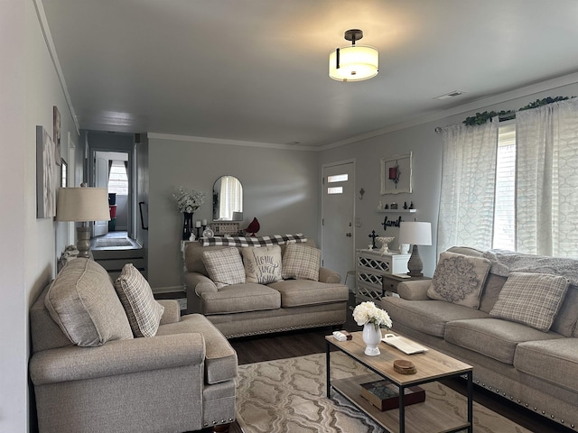  - living room with crown molding and wood finished floors