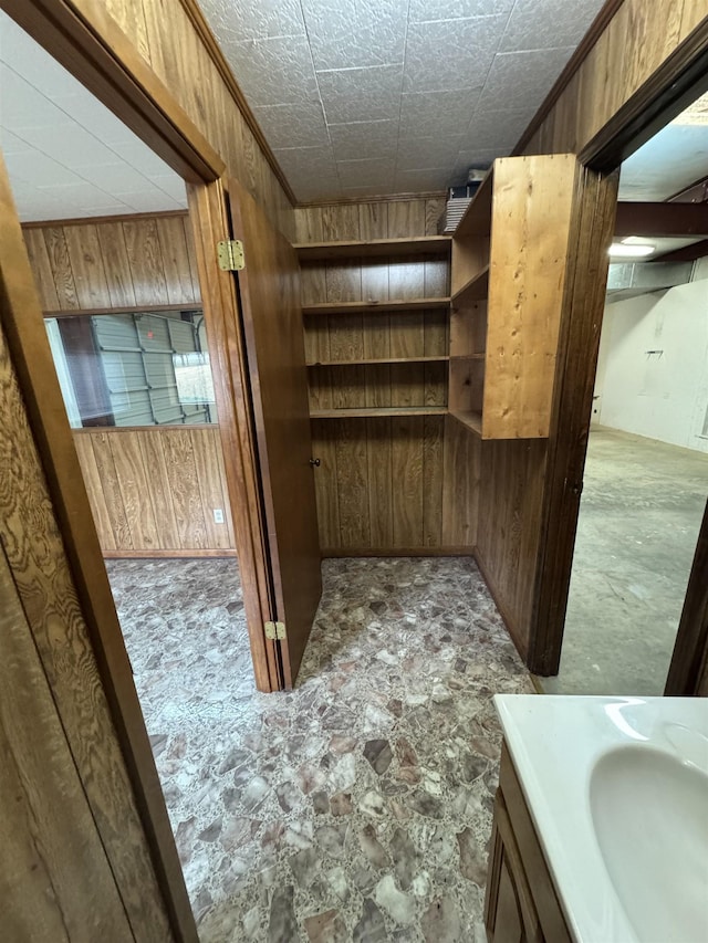 bathroom featuring vanity and wooden walls