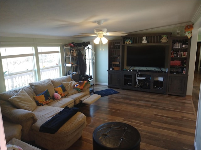 living room featuring crown molding, ceiling fan, and dark wood-type flooring