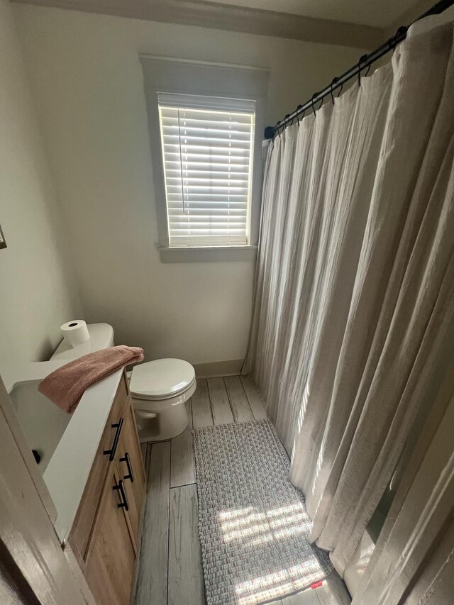  - full bathroom featuring vanity, toilet, wood finished floors, and a shower with shower curtain
