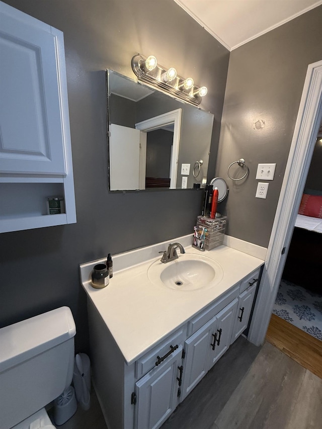  - bathroom with wood finished floors, vanity, and toilet