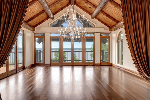 unfurnished living room featuring hardwood / wood-style floors, wooden ceiling, a notable chandelier, and high vaulted ceiling