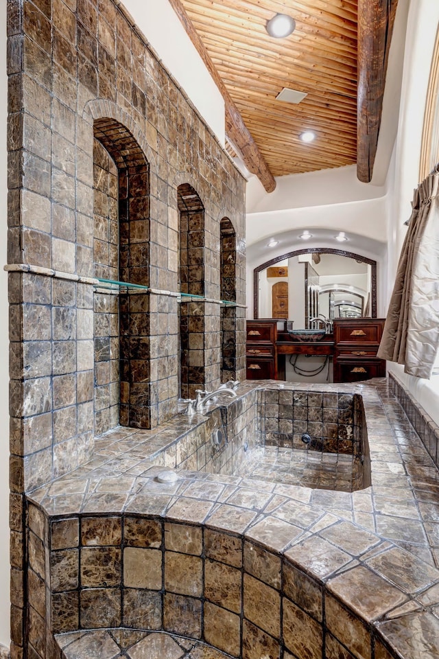 bathroom featuring beamed ceiling, recessed lighting, and wood ceiling