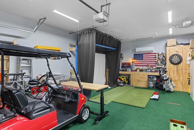 garage featuring an AC wall unit and a garage door opener