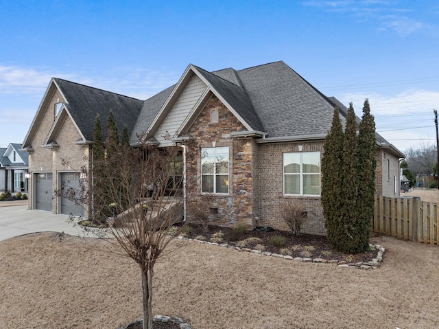 view of front of property featuring fence, driveway, a garage, crawl space, and brick siding