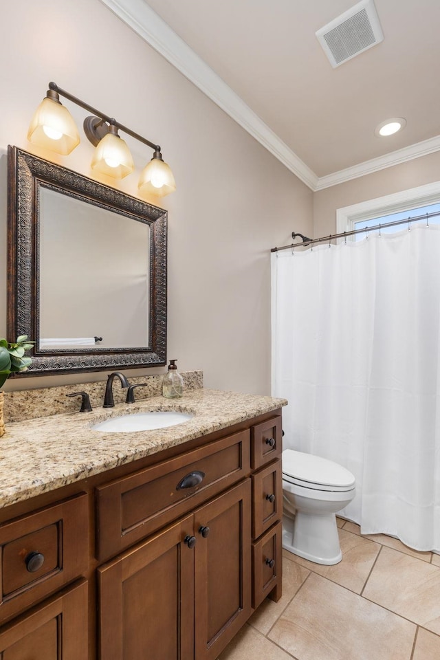 bathroom featuring vanity, visible vents, tile patterned flooring, crown molding, and toilet