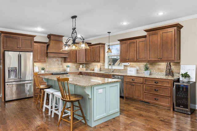 kitchen featuring beverage cooler, dark wood-style floors, a center island, appliances with stainless steel finishes, and custom exhaust hood