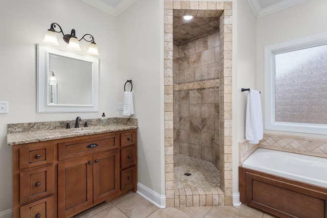 bathroom with a garden tub, ornamental molding, tiled shower, tile patterned floors, and vanity