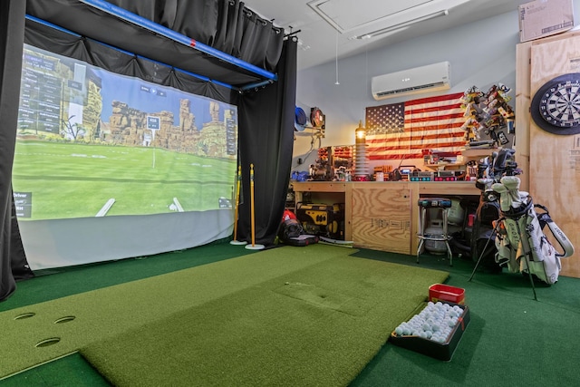 rec room featuring a wall mounted air conditioner, golf simulator, and carpet flooring