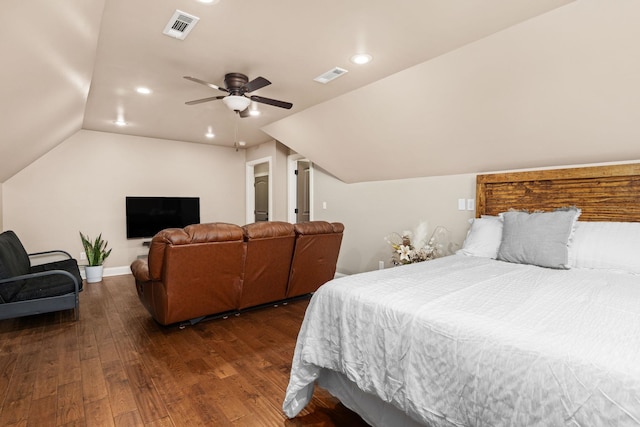 bedroom with recessed lighting, visible vents, lofted ceiling, and dark wood-type flooring