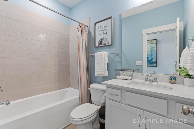 full bathroom featuring toilet, vanity, and shower / tub combo with curtain