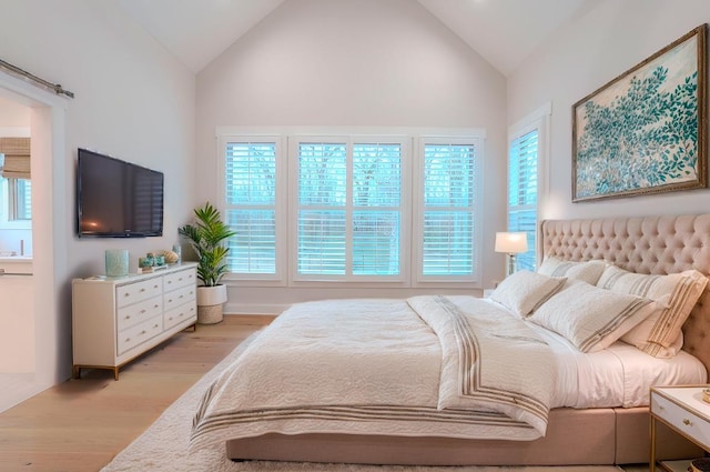 bedroom featuring light hardwood / wood-style floors and vaulted ceiling