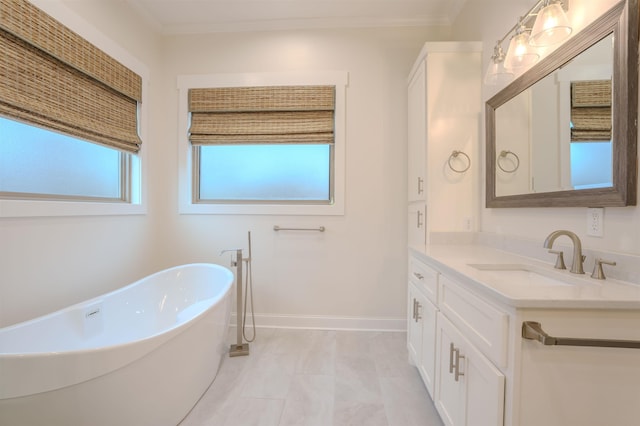 bathroom with vanity, crown molding, and a bathtub