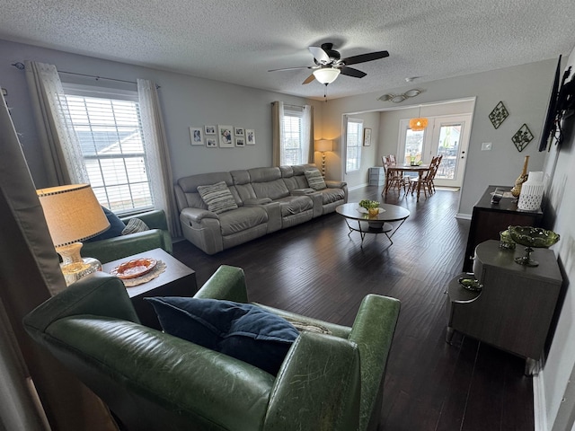 living room featuring ceiling fan, dark hardwood / wood-style floors, and a textured ceiling