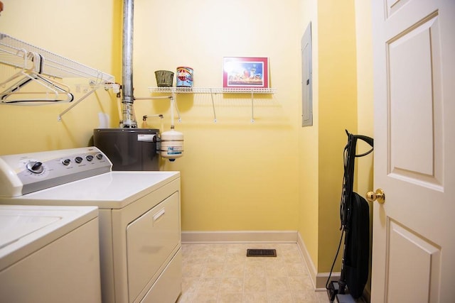  - laundry room with washer and dryer, water heater, baseboards, electric panel, and light tile patterned flooring