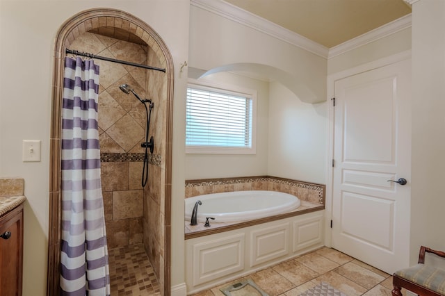 bathroom featuring ornamental molding, shower with separate bathtub, and vanity