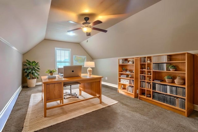  - office space with carpet, a ceiling fan, and vaulted ceiling