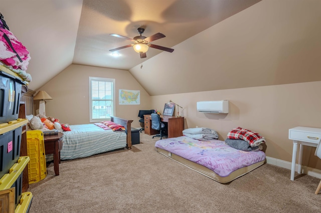 carpeted bedroom featuring ceiling fan, lofted ceiling, and a wall unit AC